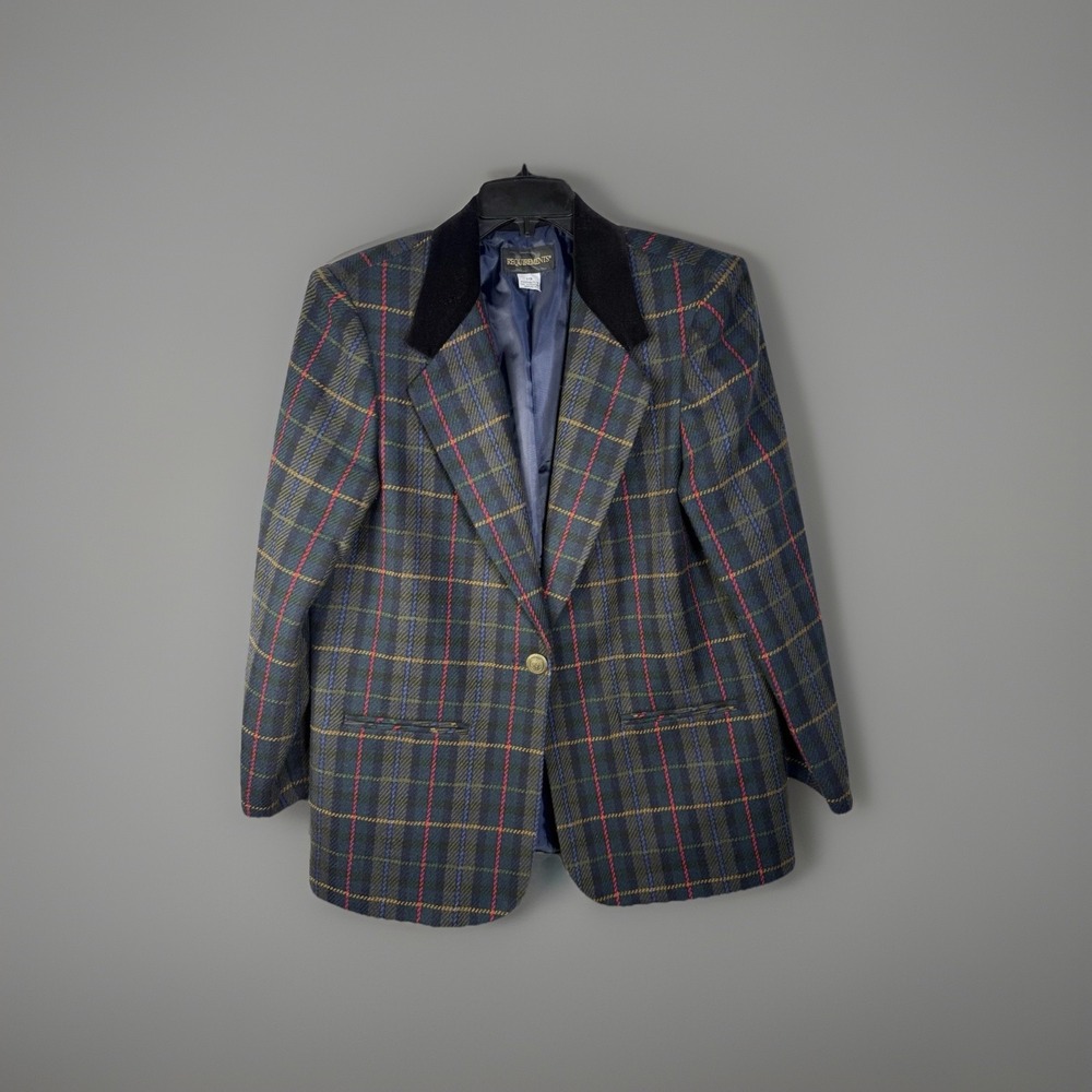 Vintage Academia Green Tartan Plaid Blazer w/Velvet Felt Collar Women's 10